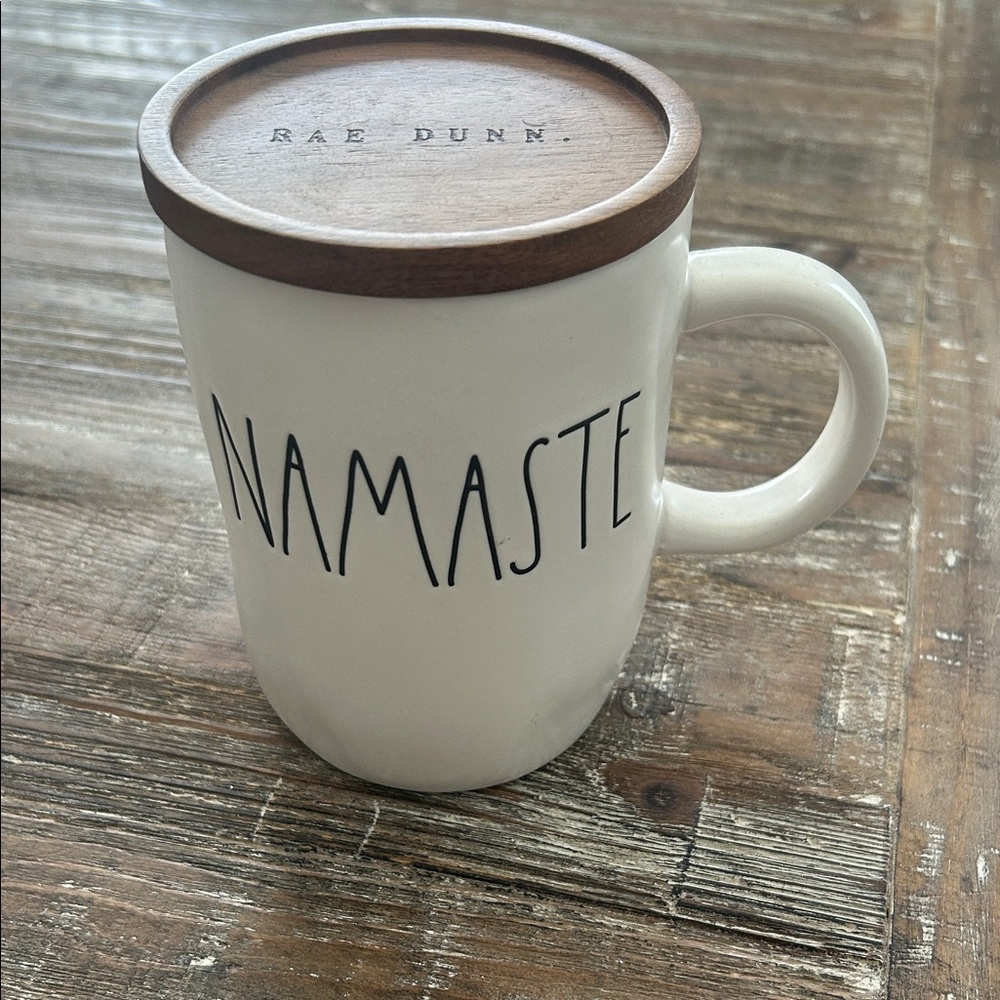 Rae Dunn White Ceramic 'Namaste' Mug with Wood Lid